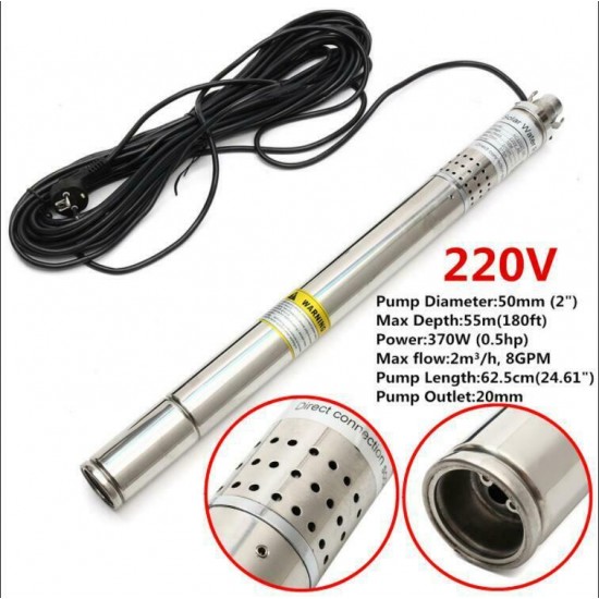 Water Pump Deep Well 180ft 8GPM IP68 220V 370W 50mm Submersible Bore 0.5 HP
