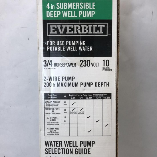 New Everbilt 3/4 HP Submersible 2-Wire Motor 10 GPM Deep Well Potable Water Pump