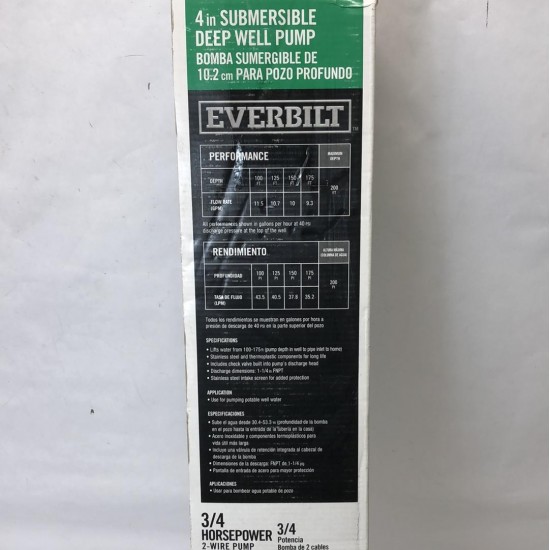 New Everbilt 3/4 HP Submersible 2-Wire Motor 10 GPM Deep Well Potable Water Pump