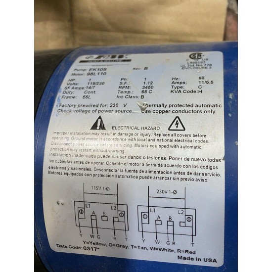 Flint & Walling,Model #EK10S, 1 HP Shallow Well Jet Pump, Made in USA