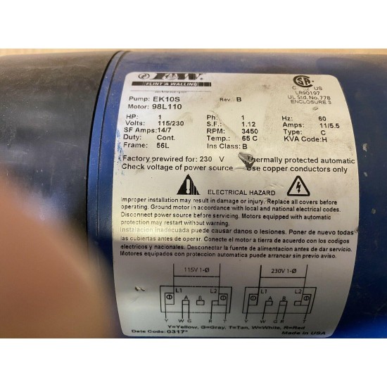 Flint & Walling,Model #EK10S, 1 HP Shallow Well Jet Pump, Made in USA