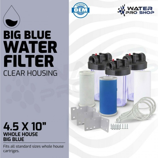 3 Clear Big Blue 10-Inch Water Filter Whole Housing 1-Inch Outlet/Inlet