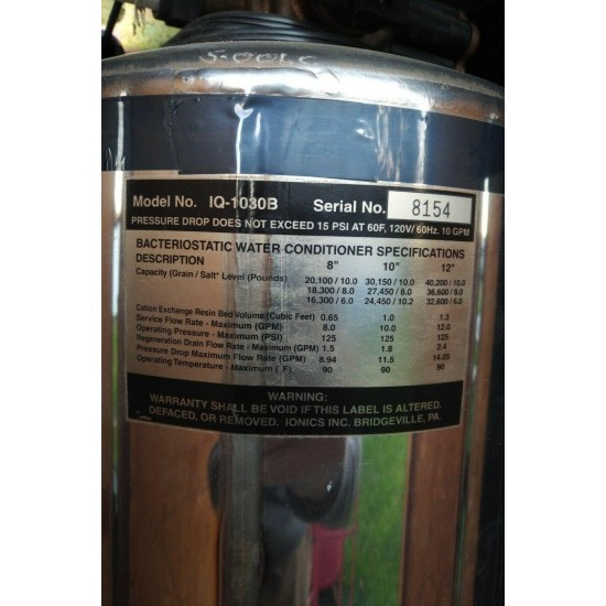 Ionics Inc Bacteriostatic Whole House Water Conditioner Model IQ-1030B w/ HYgene