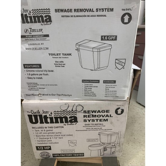 Zoeller Ultima Sewage Removal COMPLETE SYSTEM tank, bowl, & 1/2 HP Grinder pump