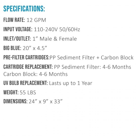 3 Stage 20 in Sediment Carbon Block Ultraviolet Whole House Water Filter System