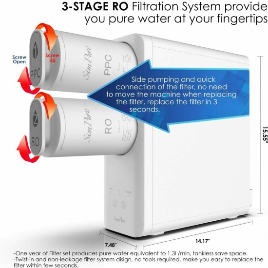 RO Reverse Osmosis Water Filtration System, Under Sink Tankless Faucet Purifier