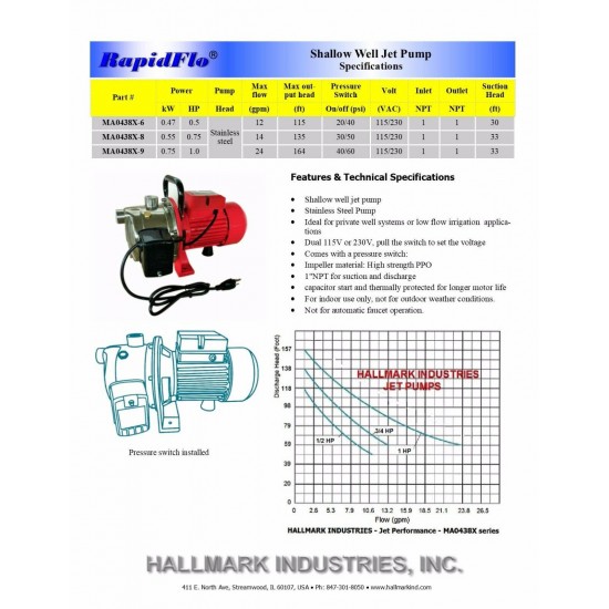 Shallow Well Jet Pump &Pressure Switch, 1 HP 18 GPM, Stainless Steel, 115/230V