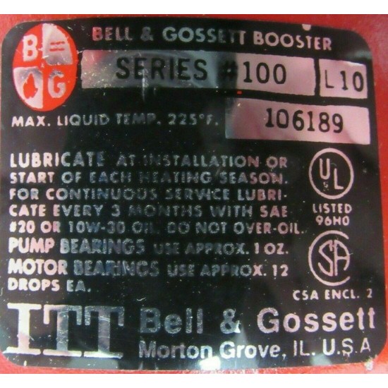 NEW BELL & GOSSETT 106189 CIRCULATOR PUMP SERIES 100-L10