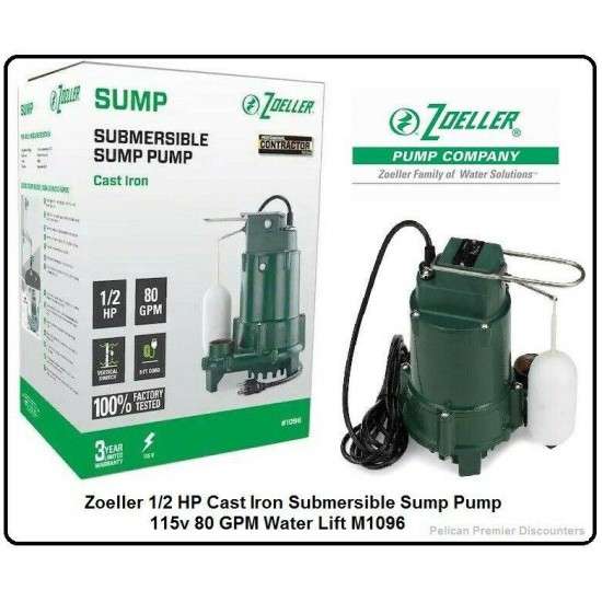 Zoeller 1/2 HP Cast Iron Submersible Sump Pump 115v 80 GPM Water Lift M1096