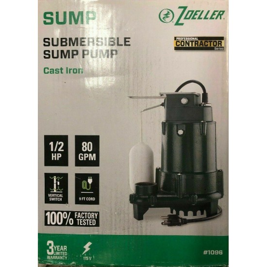 Zoeller 1/2 HP Cast Iron Submersible Sump Pump 115v 80 GPM Water Lift M1096
