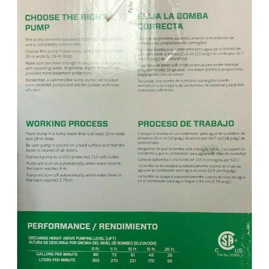 Zoeller 1/2 HP Cast Iron Submersible Sump Pump 115v 80 GPM Water Lift M1096