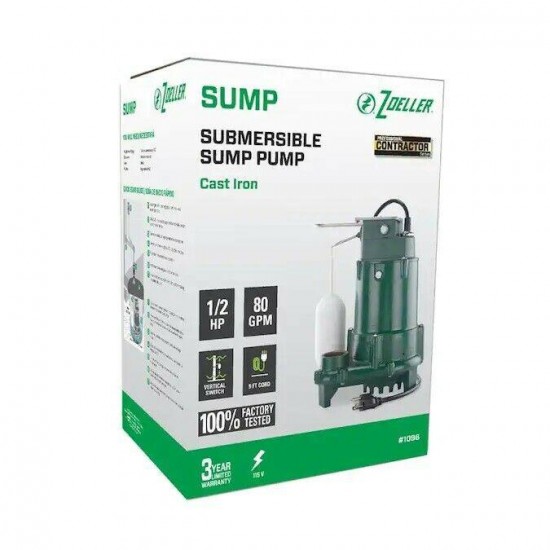 Zoeller 1/2 HP Cast Iron Submersible Sump Pump 115v 80 GPM Water Lift M1096