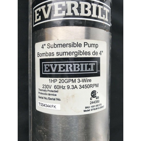Everbilt EFSUB10-253HD Submersible Well Pump 1HP 20GPM 3-Wire 4” NEW IN BOX