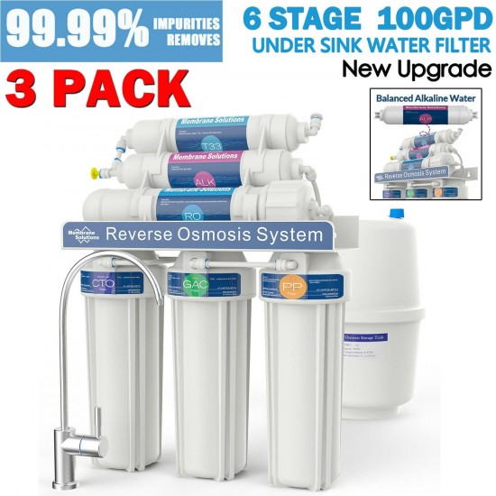 3 Pack 6-Stage Reverse Osmosis Alkaline Mineral Water Filter System 100GPD
