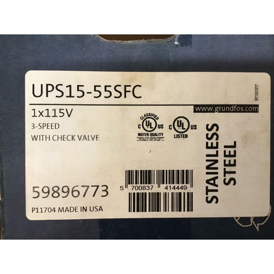 Grundfos 59896773, UPS15-55SFC, Flanged, Stainless Steel, 3-Speed Pump, 115 V.