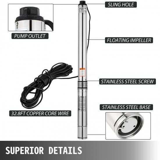 3HP Deep Well Pump 630FT 42GPM 230V Submersible Stainless Steel w/ Control Box