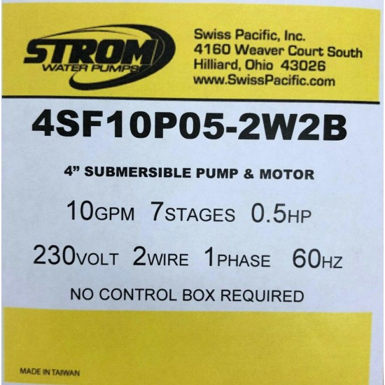 4” Submersible Well Pump 10gpm 7Stg 1/2Hp 230v 2W 60Hz (TDH 171 FT@ 10GPM)